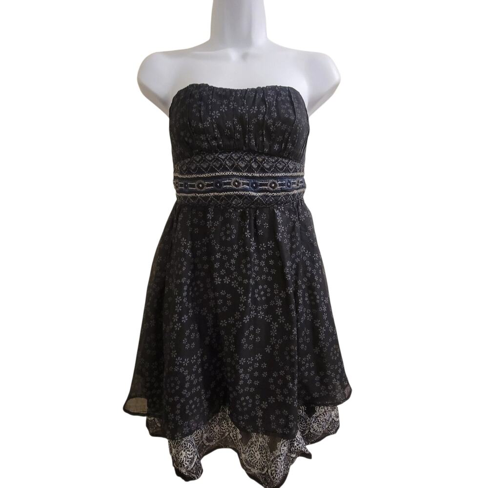 Free People Strapless Floral Embroidered Boho Dress Black Fall Layering